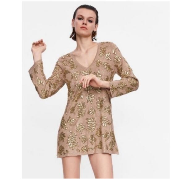 Zara Limited Edition Knit Mini Dress Gold Sequin Long Sleeve Knit Small - Picture 10 of 10